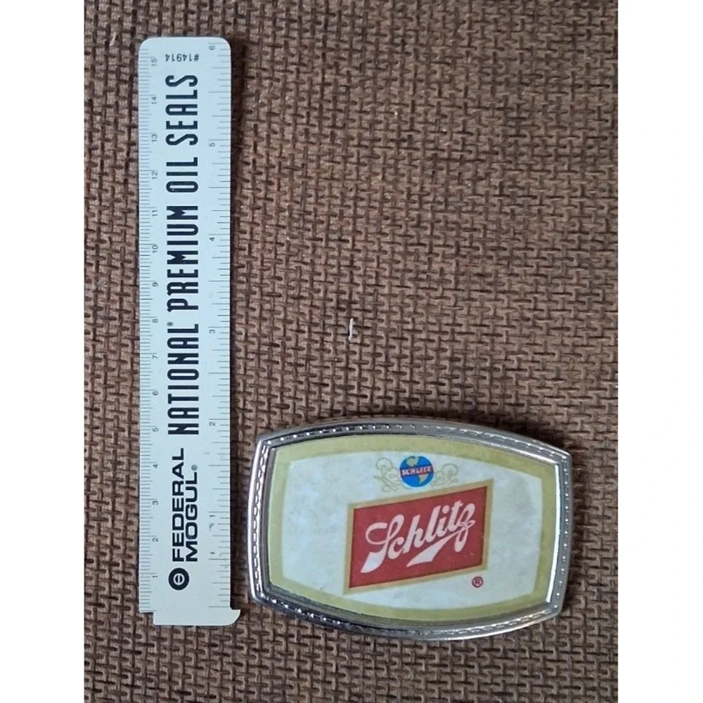 Vintage Schlitz Beer Belt Buckle Silver Tone Rectangular Brewery Logo Mens Retro